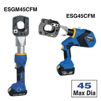 Two Klauke cutting tools with blue bodies, both labelled. The ESGM45CFM has an upright shape and the ESG45CFM has a 
