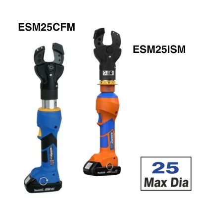 Two Klauke cutting tools, the ESM25CFM which has a blue body and the ESM25ISM which has an orange body. The box in the corner says 