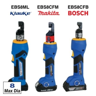 Three labelled versions of the ESB8 Klauke blue-bodied cutting tool: the EBS8ML with Klauke battery, the EB8CFM with Makita battery and the EBS8CFB with the Bosch battery. The box in the corner says 