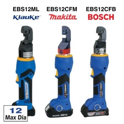Image with 3 types of blue Klauke EBS 12 Cutting Tools: the EBS12ML with Klauke battery, the EBS12CFM with Makita battery and the EBS12CFB with Bosch battery. There is a box that says 