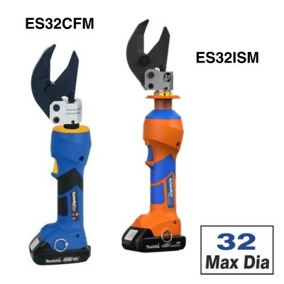 Two labelled Klauke cutting tools: the blue-bodied ES32CFM and the orange-bodied ES32ISM. The box in the corner says 