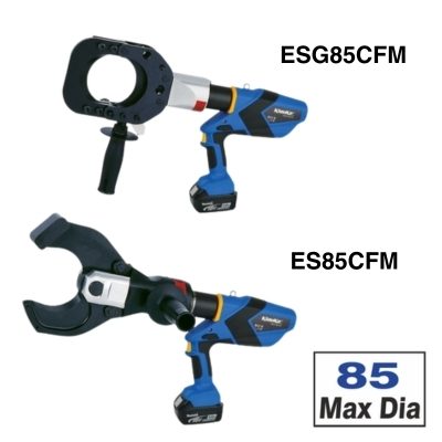 Two labelled blue-bodied Klauke cutting tools: the ESG85CFM with a closed head and the ES85CFM with an open head. The box in the corner says 