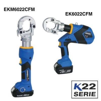 Two Klauke Battery-Powered Crimping Tools: the EKM6022CFM and EK6022CFM with a box saying 