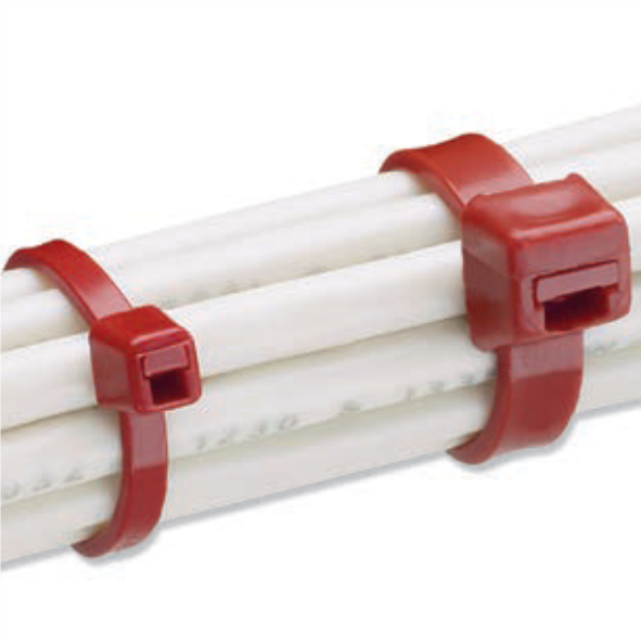 a bundle of white cables held by two Maroon HALAR cable ties