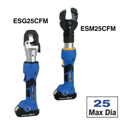 Two labelled Klauke blue-bodied cutting tools: the ESG25CFM with a closed head and the ESM25CFM with an open head. The box in the corner says 